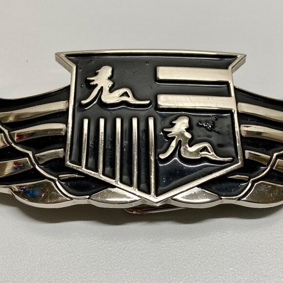 Cadillac 187 INC. Belt Buckle Bottle Opener Tool 5” Chrome Black Winged Logo Vtg - Picture 2 of 14